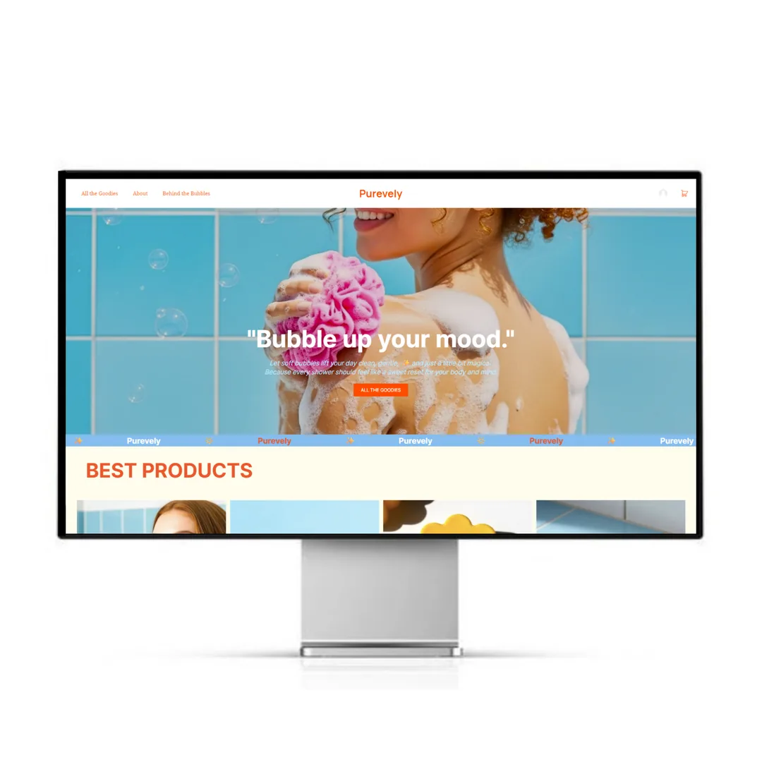 뷰티 브랜드 홈페이지 — Purevely 웹사이트 모니터 목업
